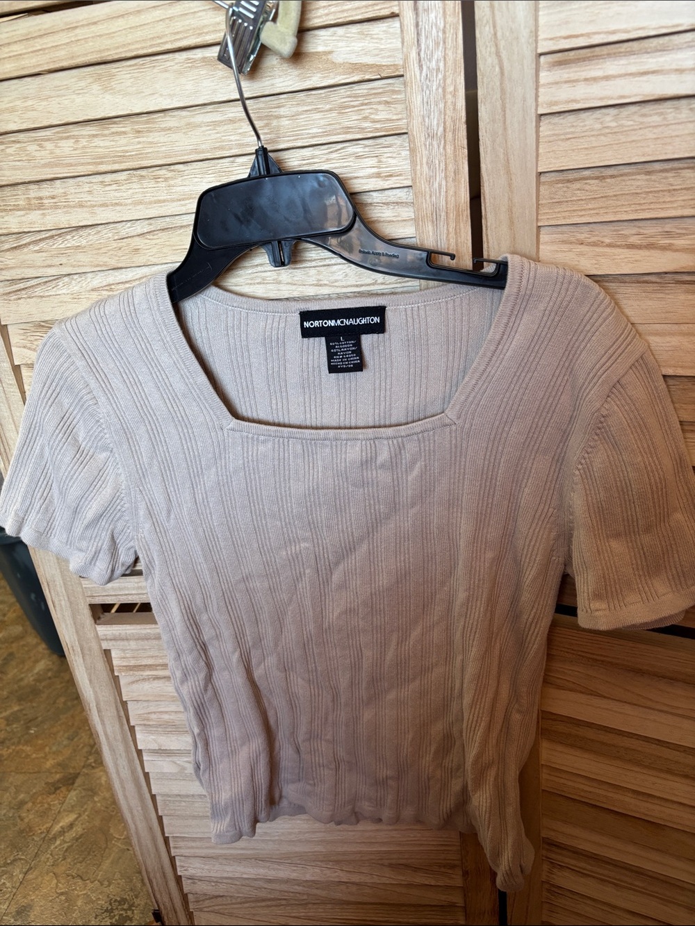 Norton McNaughton Beige Ribbed Square-Neck Short Sleeve Top Large